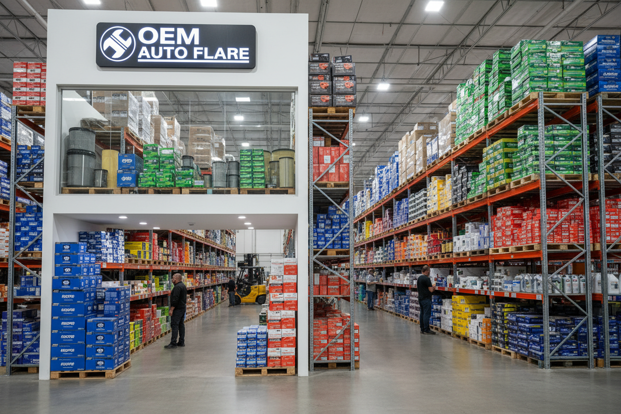 shows a superstore with the branding of OEM Auto Flare consist of multiple stacks of air filters, oil filters, fuel filters and cabin filters from Mopar, Motor craft, fleet guard and Xtreme filters. take the inspiration of products from our product collection